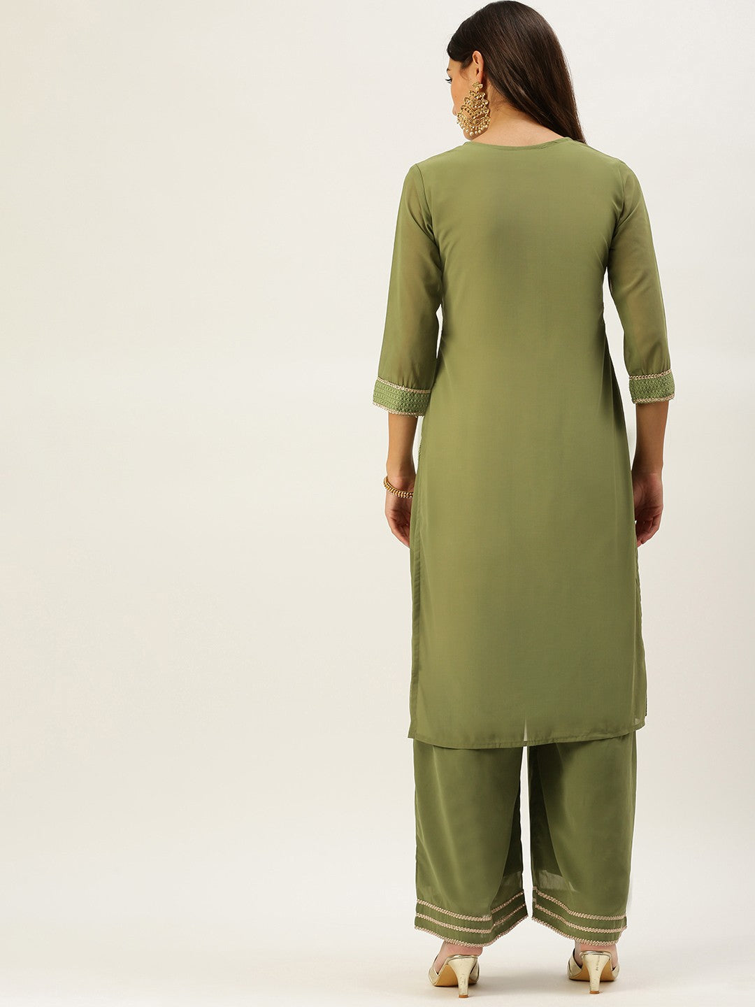 Women Green Ethnic Motifs Embroidered Chikankari Kurta with Palazzos