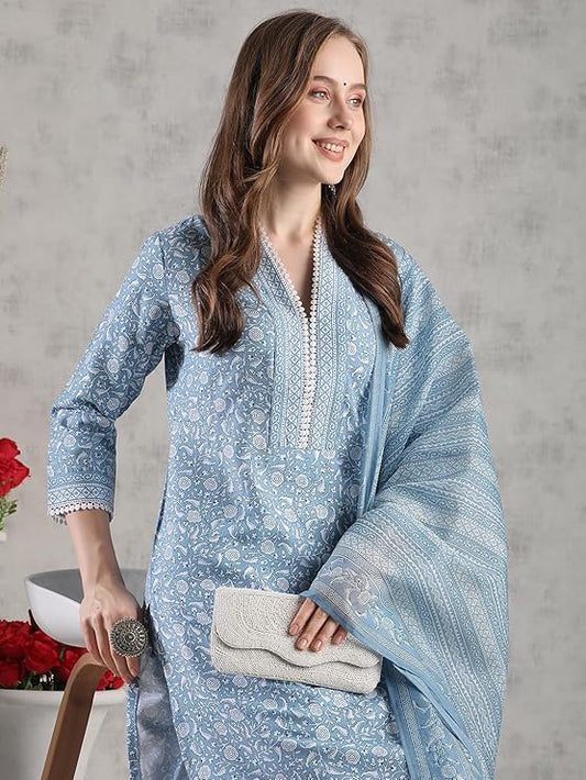 Women's Rayon Blend Straight Printed Kurta with Pant & Dupatta