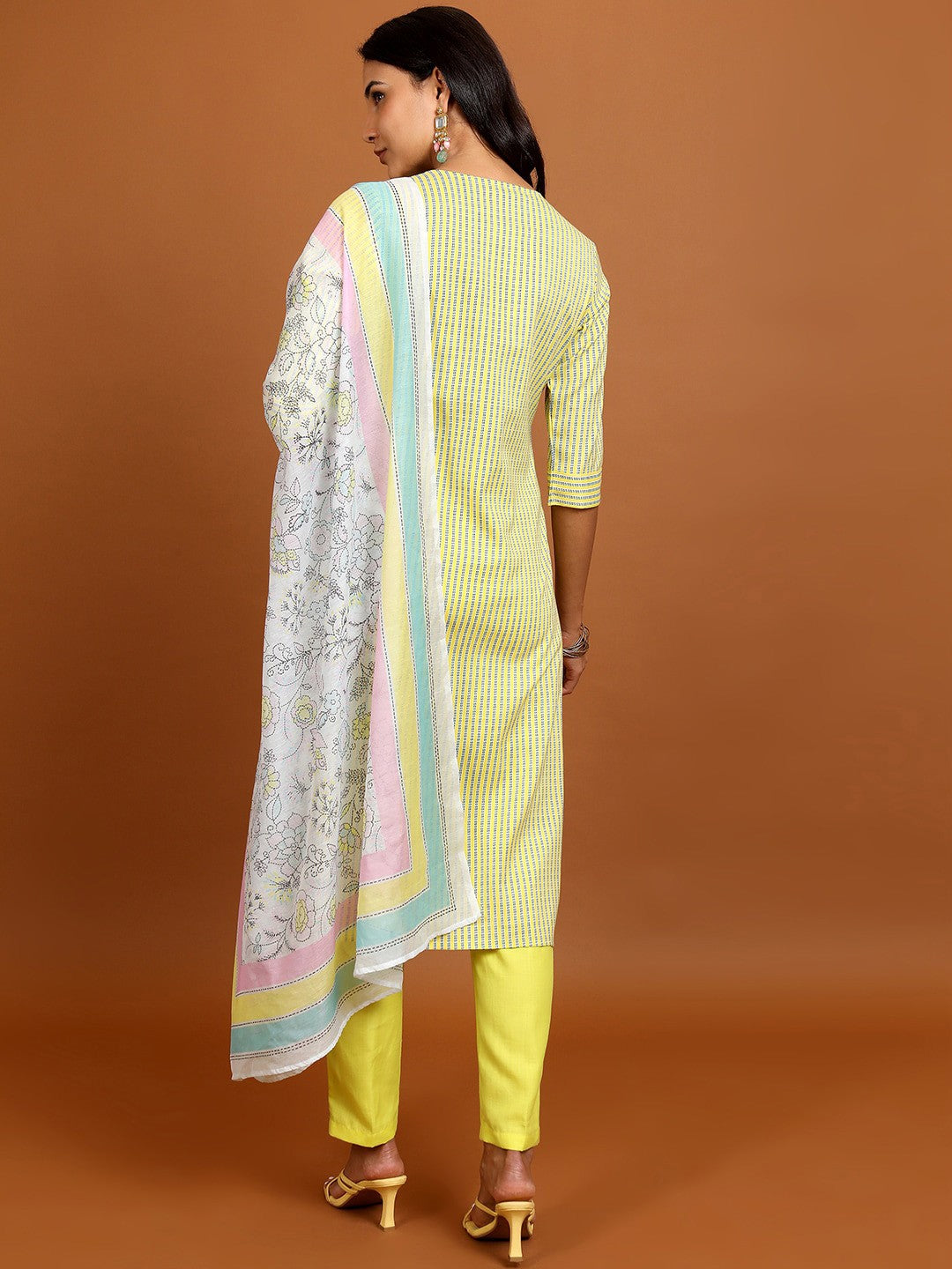 Yellow Striped Keyhole Neck Straight Kurta with Trousers & With Dupatta