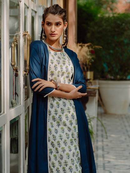 Women White & Teal Blue Printed Layered Kurta with Salwar