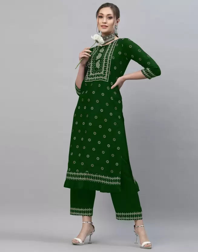 Women Green Viscose Rayon Kurta and Palazzo Set