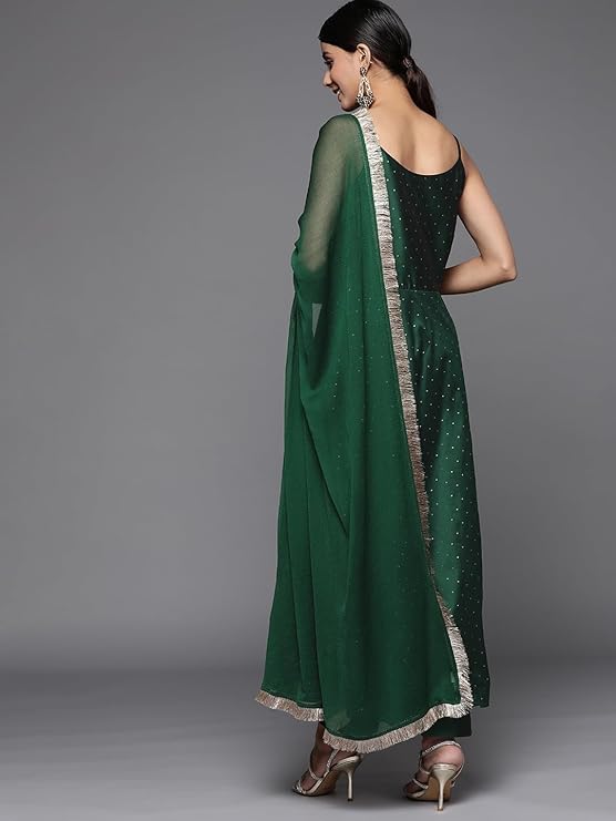 Women Green Anarkali Spaghetti Strap Kurta With Tonal Bottom & Dupatta