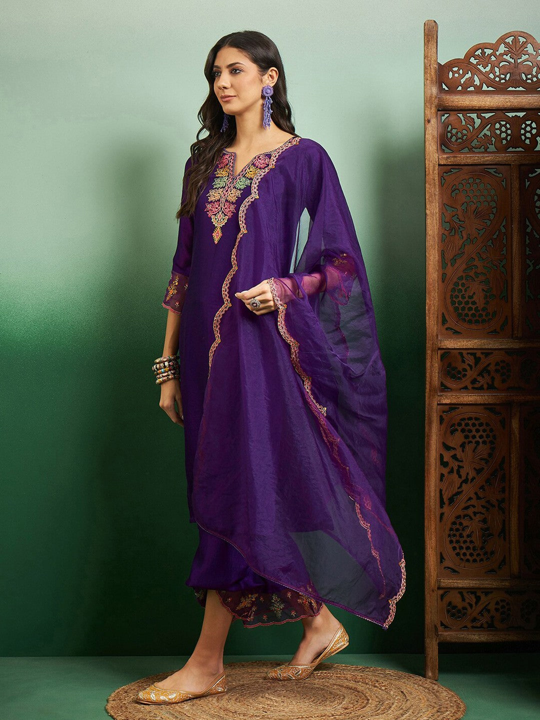 Embroidered Notch Neck Kurta With Plazzo & Dupatta