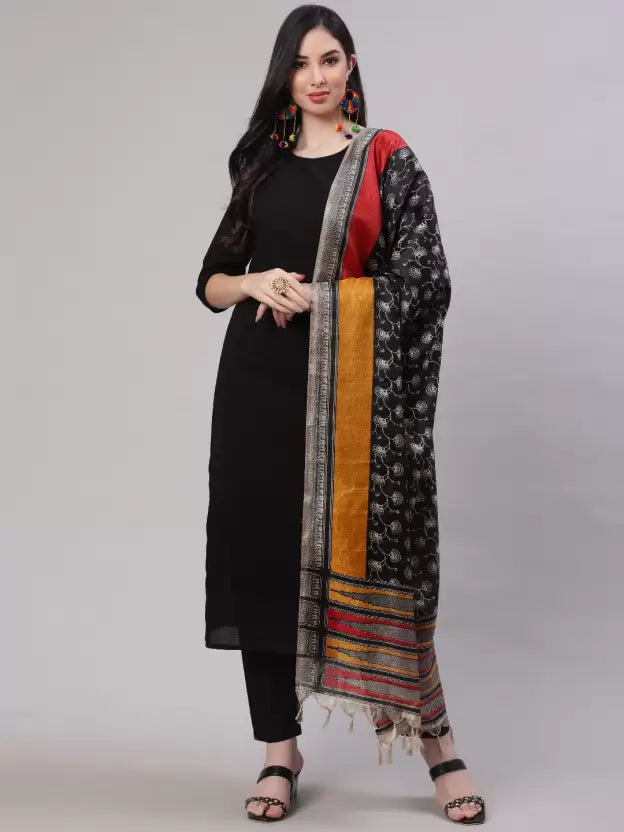 Women Black Kurta, Trouser/Pant & Dupatta Set