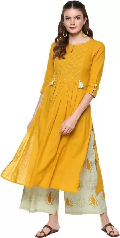 Women Yellow Viscose Rayon Kurta Palazzo Set