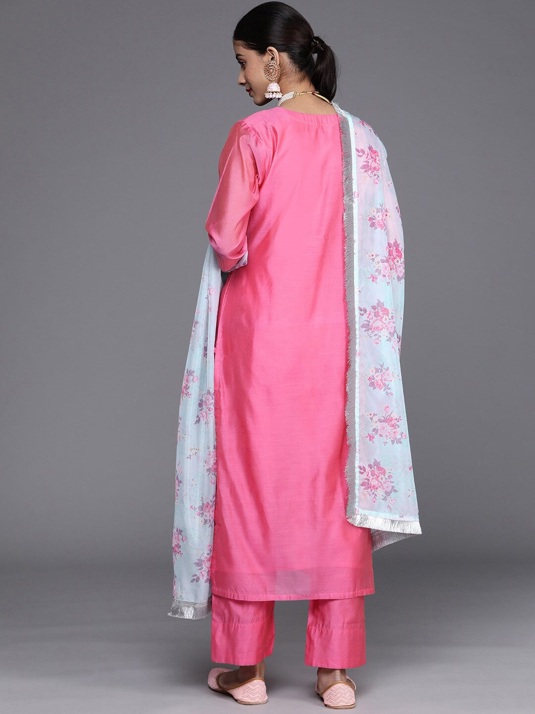 Floral Yoke Design Straight Sequinned Chanderi Silk Kurta With Trousers & Dupatta