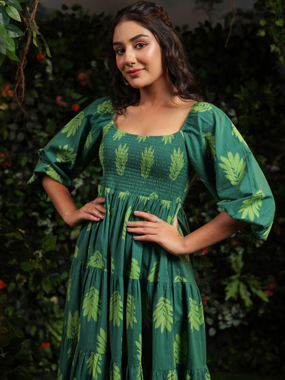 Printed Puff Sleeves Cotton Maxi Ethnic Dress