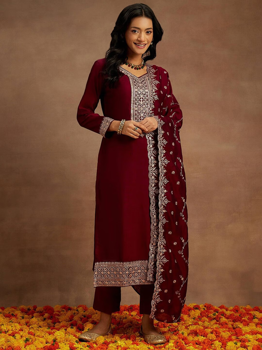Yoke Design Sequinned Straight Kurta with Trousers & With Dupatta