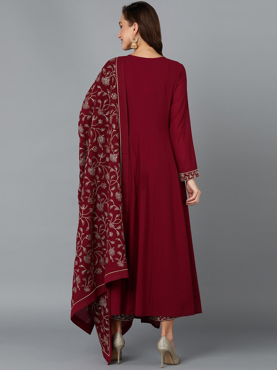 Maroon Floral Yoke Design Thread Work Angrakha Anarkali Kurta & Trouser With Dupatta