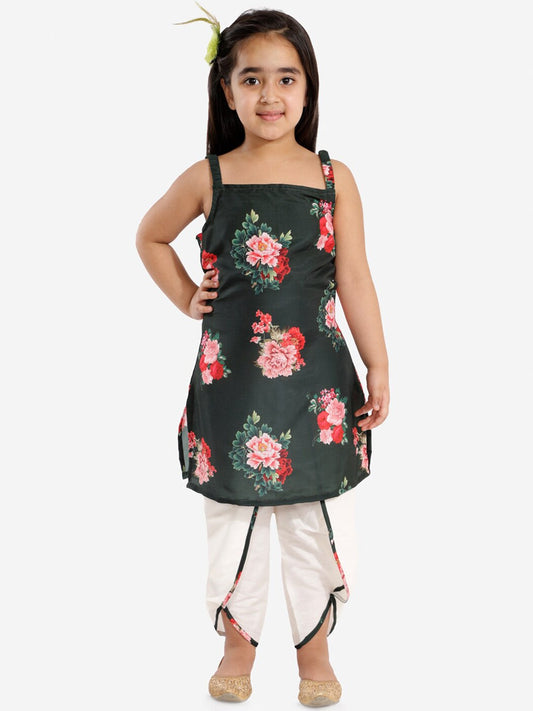 Girls Green Floral Printed Kurta with Tulip Pants