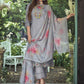 Grey & Red Floral Embroidered Regular Pure Cotton Kurta With Trousers & Dupatta