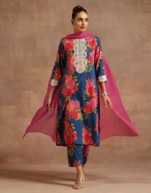 Women Floral Cotton Silk Kurta Pant Dupatta Set