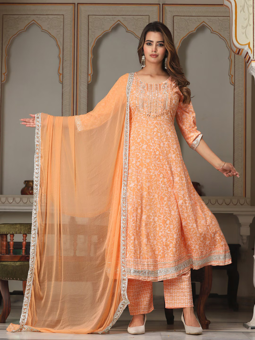 Floral Printed Mirror Work Anarkali Kurta & Trousers With Dupatta