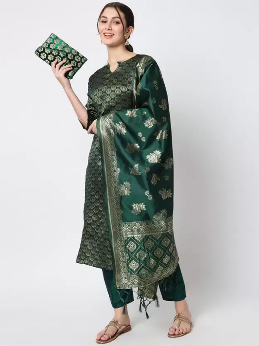 Women Green Cotton Blend Kurti Pant Dupatta Set