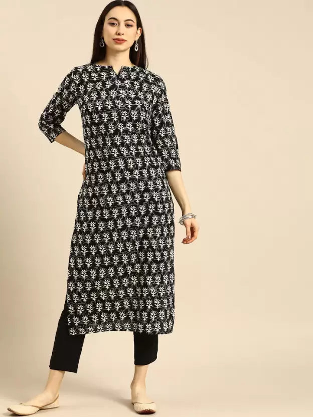 Women Black Printed Rayon Kurta Pant Set