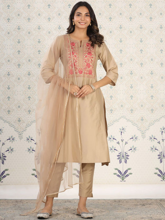Floral Yoke Design Sequinned Kurta with Trousers & Dupatta