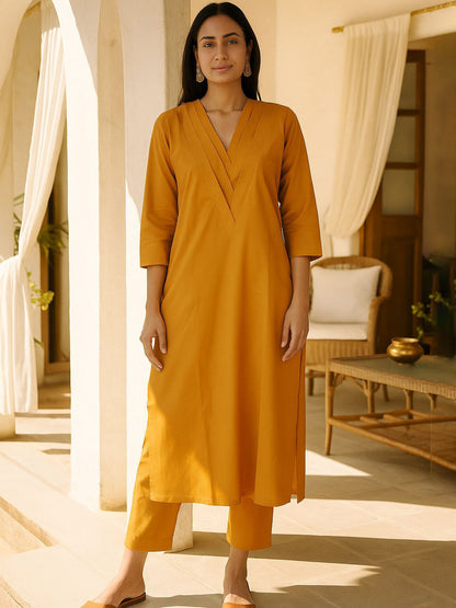 V-Neck Pure Cotton Straight Kurta with Trousers