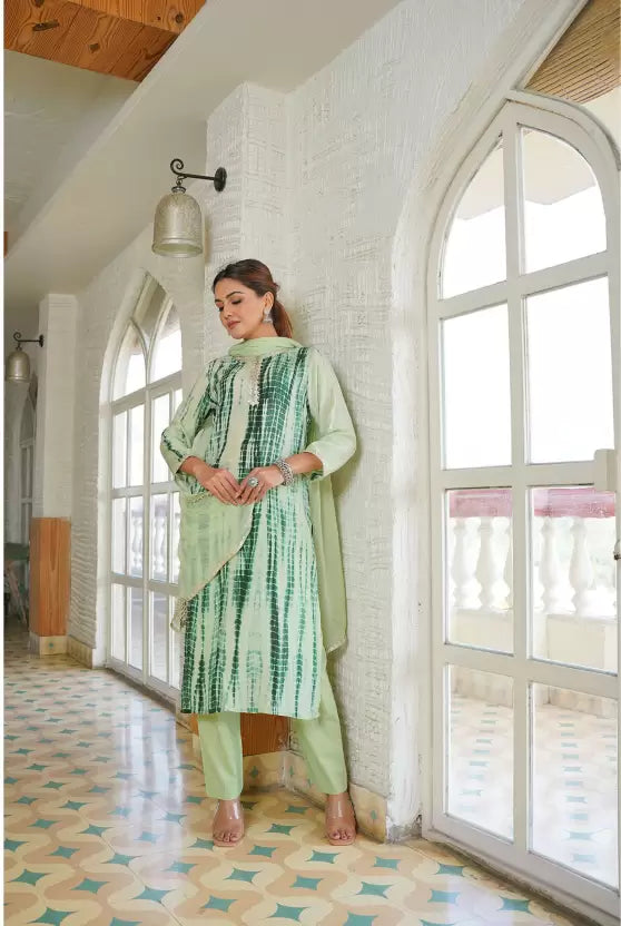 Women Pista Green Viscose Rayon Kurta Pant Dupatta Set