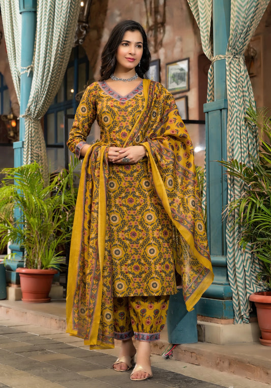 Women Mustard Viscose Rayon Kurta Pant Dupatta Set