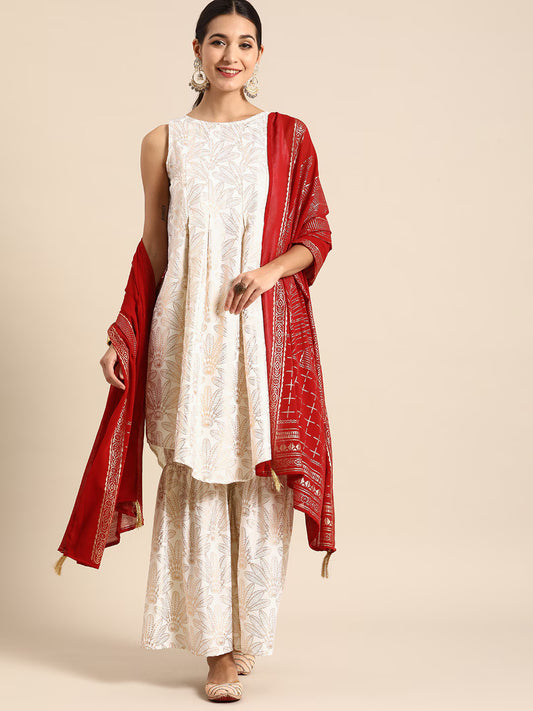 Women Off White & Gold-Toned Floral Print Pleated Kurta with Sharara & With Dupatta