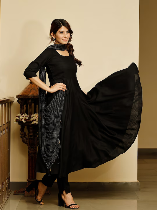 Women Black Empire Kurta with Trousers & With Dupatta