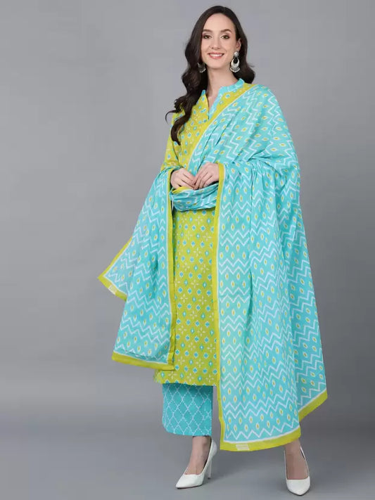 Women Light Green Cotton Rayon Kurta Palazzo Dupatta Set