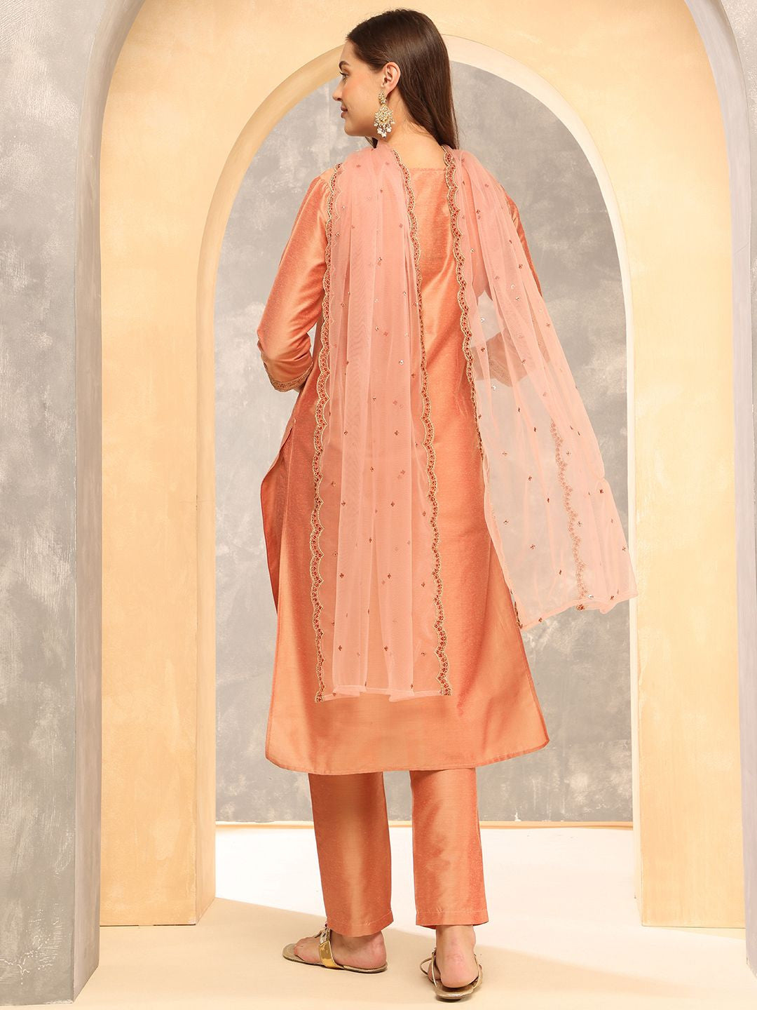 Peach Notch-Neck Floral Embroidered Straight Kurta With Trousers And Dupatta