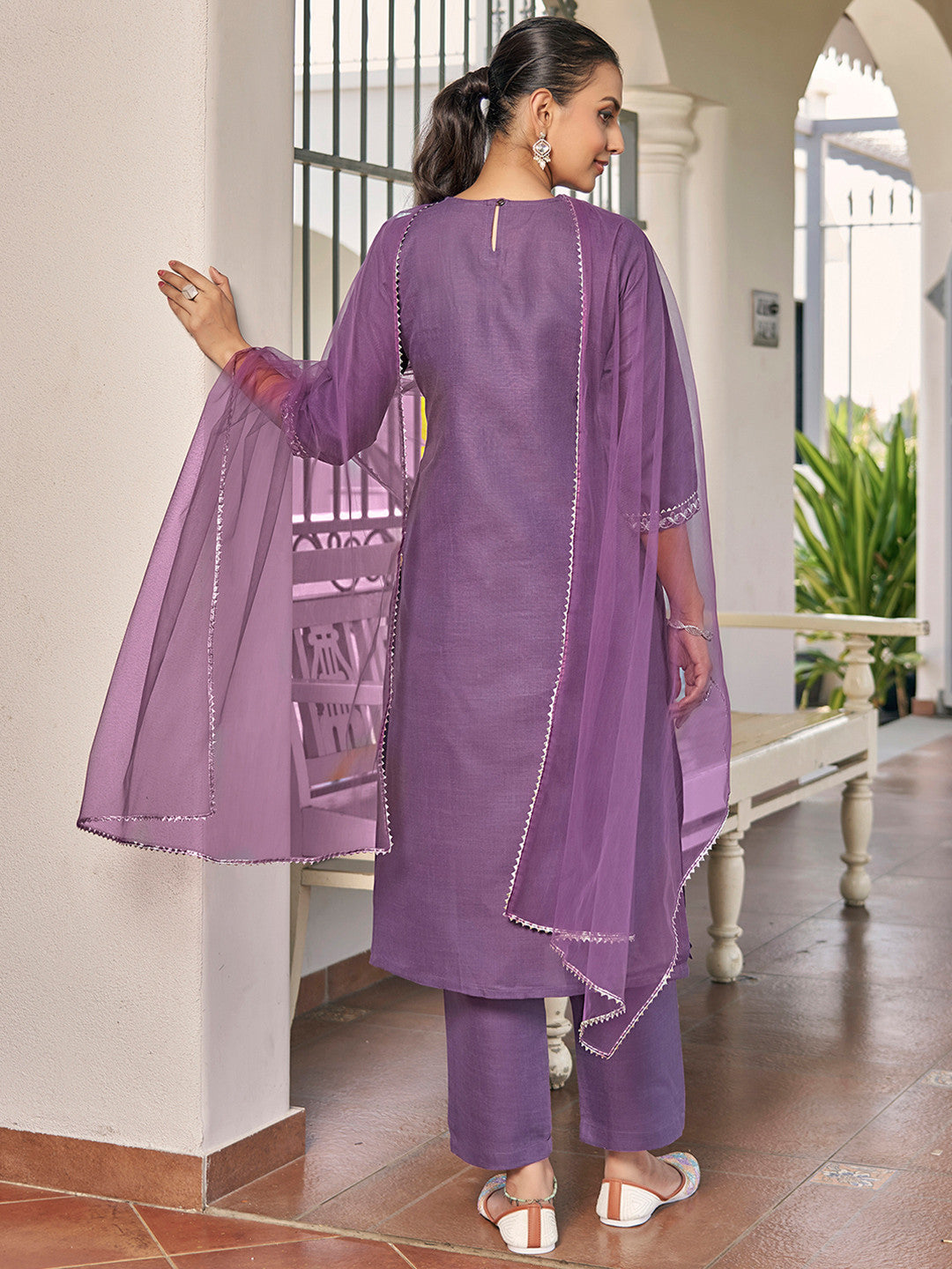 Floral Yoke Design Notch Neck Thread Work Straight Kurta With Trousers & Dupatta