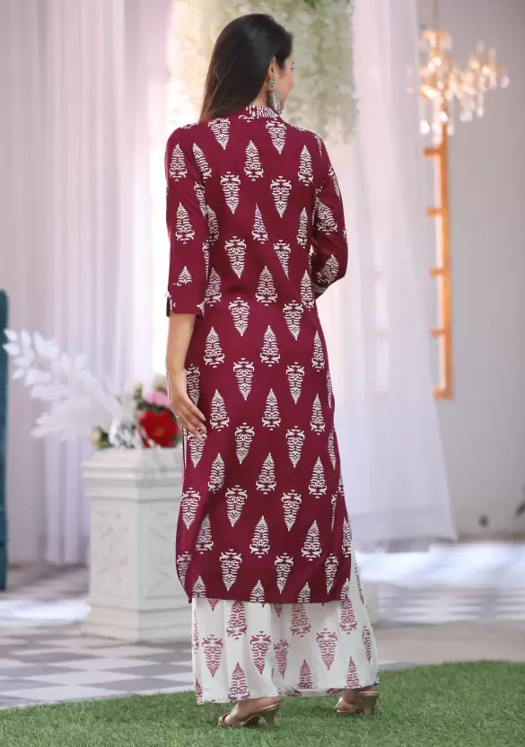 Women Mandarin Collar Viscose Rayon Kurta and Palazzo Set