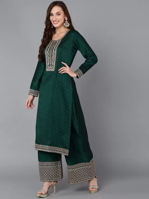 Women Long Sleeve Green Silk Blend Kurta Palazzo Dupatta Set