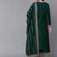 Women Long Sleeve Green Silk Blend Kurta Palazzo Dupatta Set