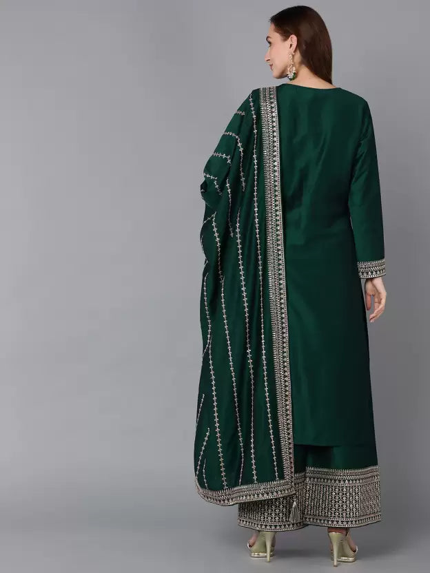 Women Long Sleeve Green Silk Blend Kurta Palazzo Dupatta Set