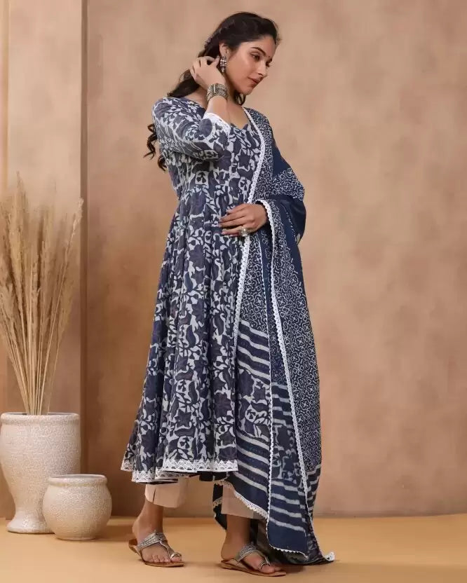 Women Blue Cotton Blend Kurta Palazzo Dupatta Set