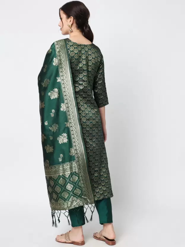 Women Green Cotton Blend Kurti Pant Dupatta Set