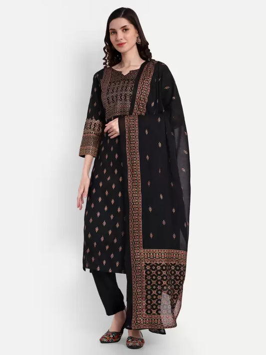 Women Black 3/4 sleeves Viscose Rayon Kurta Pant Dupatta Set