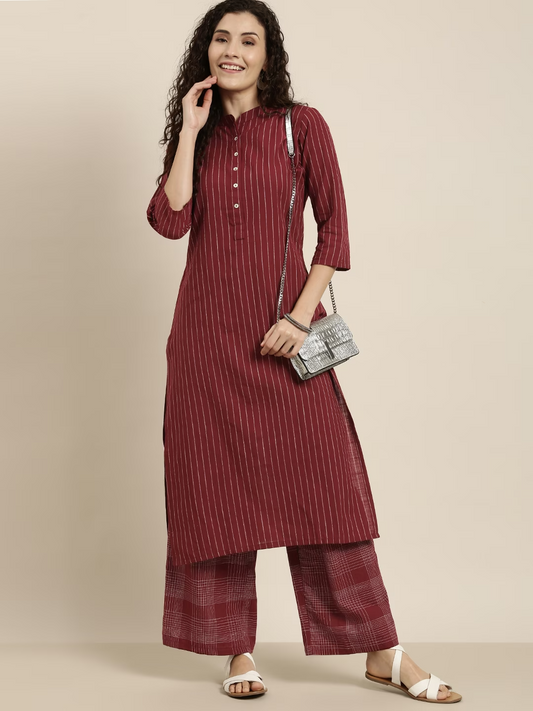 Women Maroon & White Striped Kurta With Palazzo