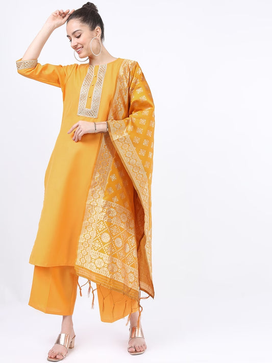 Women Yellow Kurta with Palazzos & With Dupatta