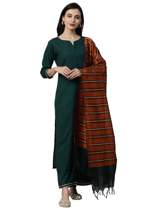 Women's Green Pure Cotton Solid Straight Kurta Palazzo with Dupatta