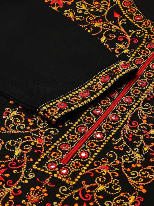 Women Black Embroidered Viscose Rayon Straight Kurta