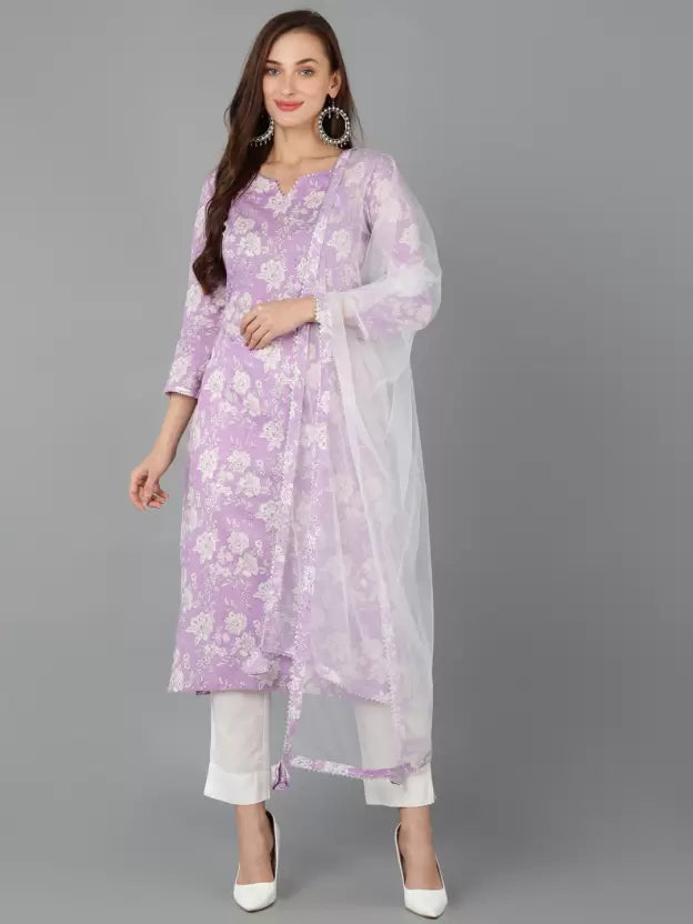 Women Cotton Rayon Kurta Pant Dupatta Set