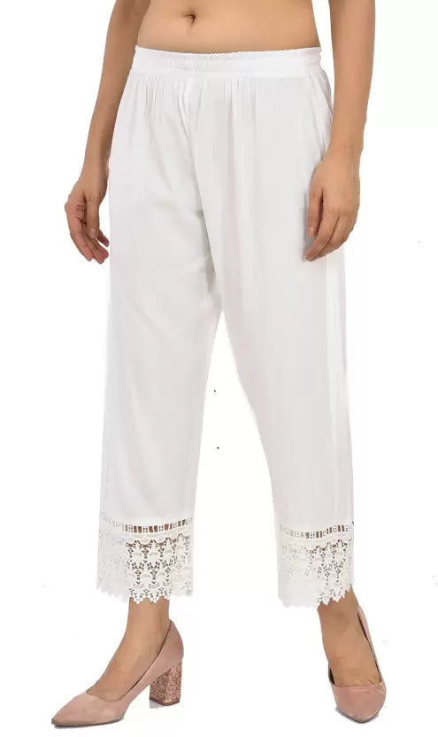 Women Regular Fit White Viscose Rayon Trousers