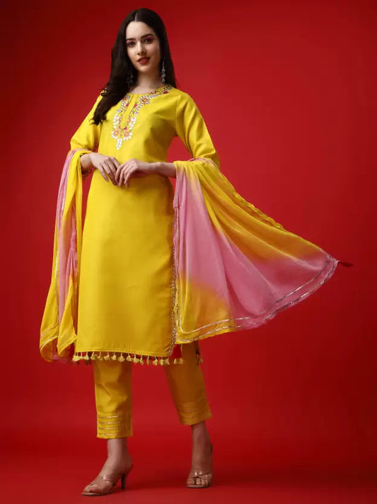 Women Yellow Cotton Blend Kurta Pant Set