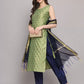 Women Green Cotton Silk Kurta Pant Dupatta Set