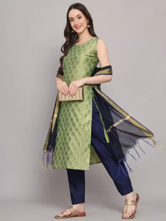 Women Green Cotton Silk Kurta Pant Dupatta Set