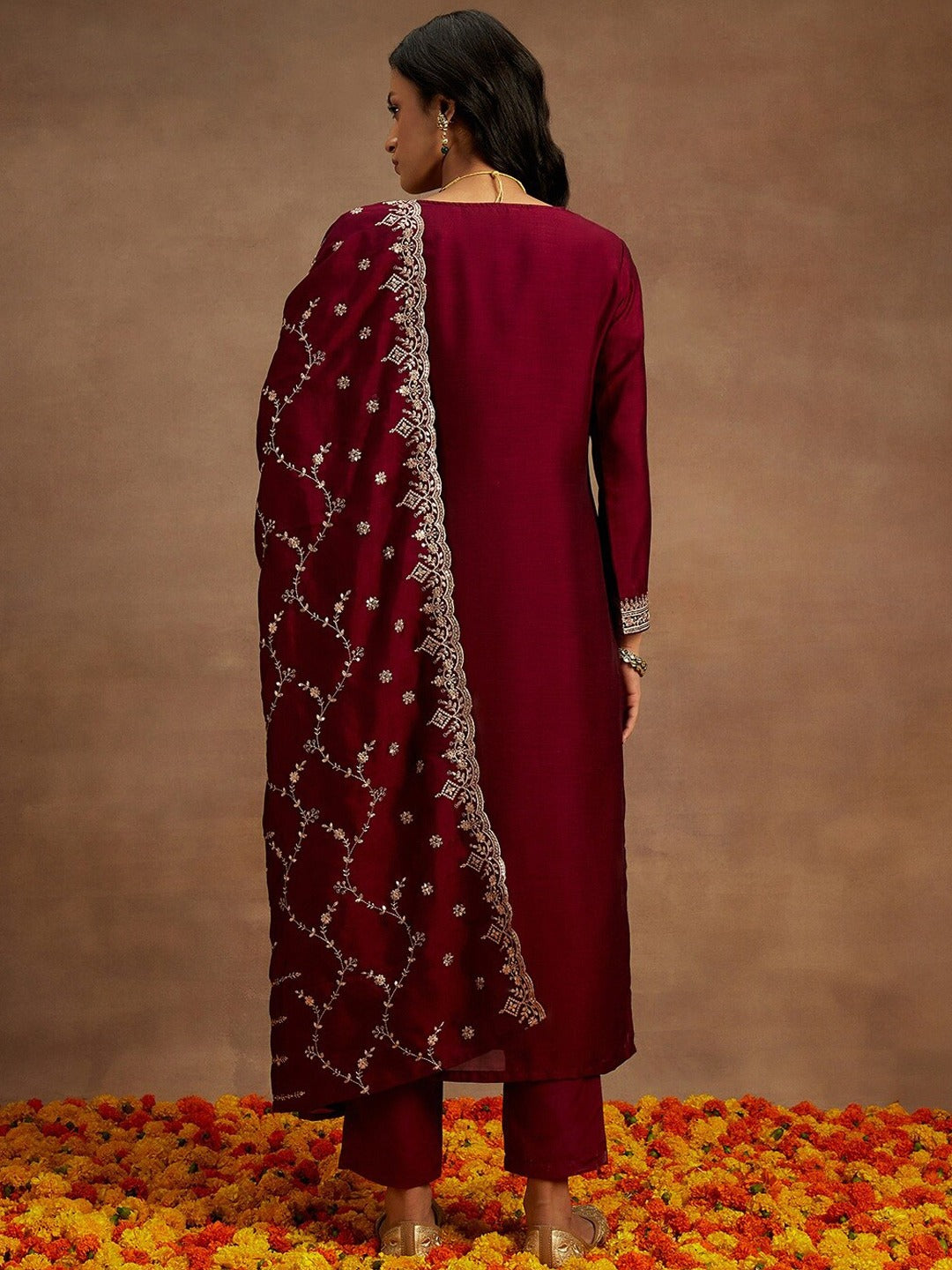 Yoke Design Sequinned Straight Kurta with Trousers & With Dupatta