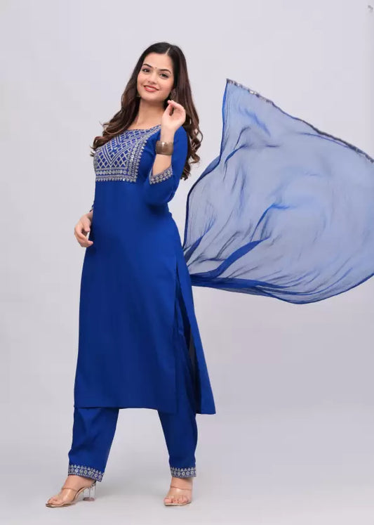 Women Blue Viscose Rayon Kurta Palazzo Dupatta Set