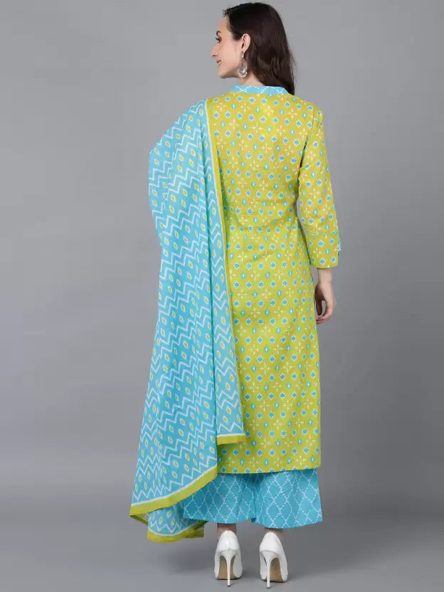 Women Light Green Cotton Rayon Kurta Palazzo Dupatta Set