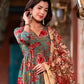 Women Floral Green & Red Viscose Rayon Kurta Pant Dupatta Set