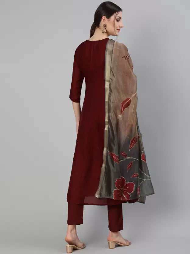 Women Maroon Silk Blend Kurta Pant Dupatta Set