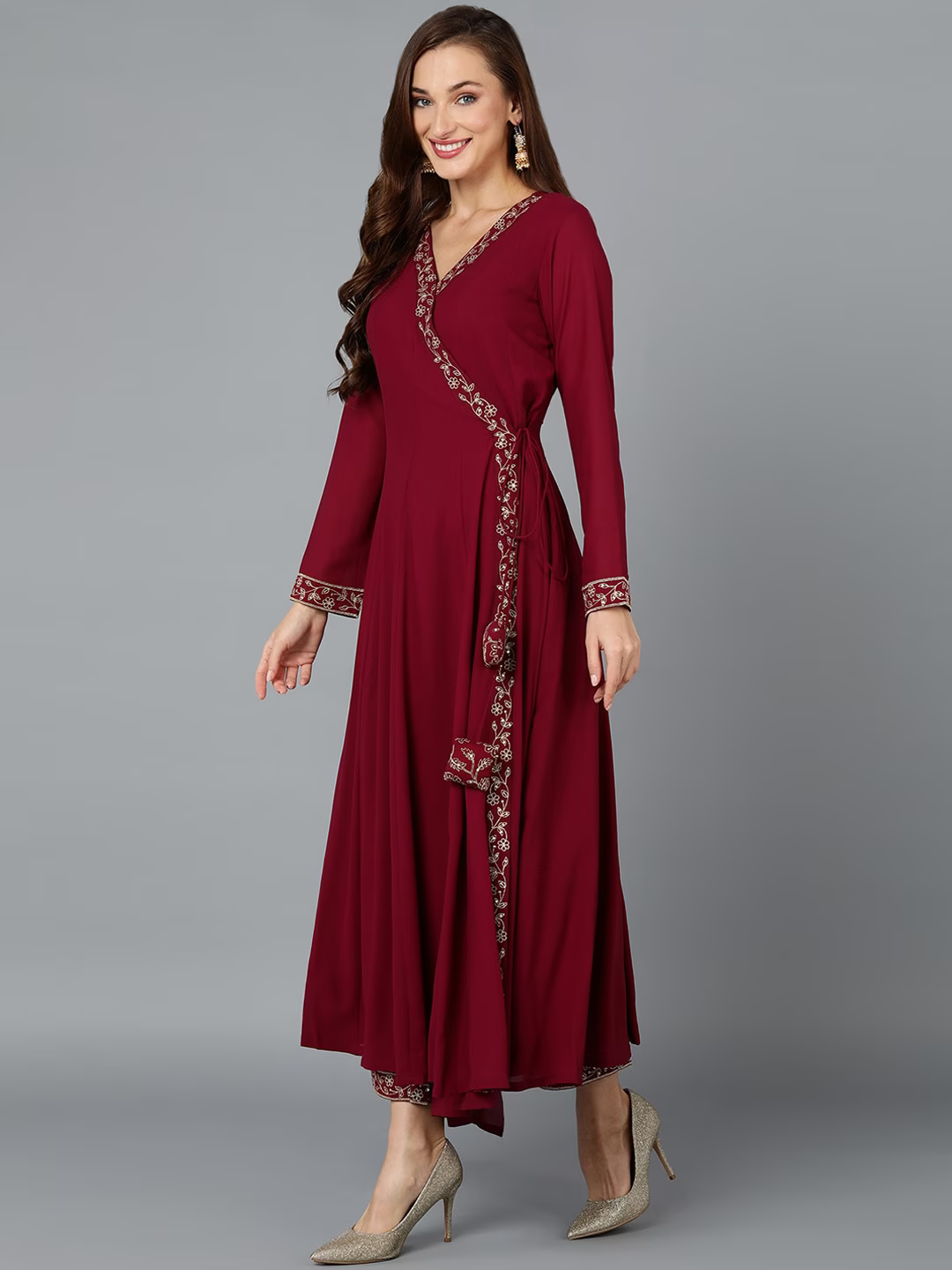 Maroon Floral Yoke Design Thread Work Angrakha Anarkali Kurta & Trouser With Dupatta